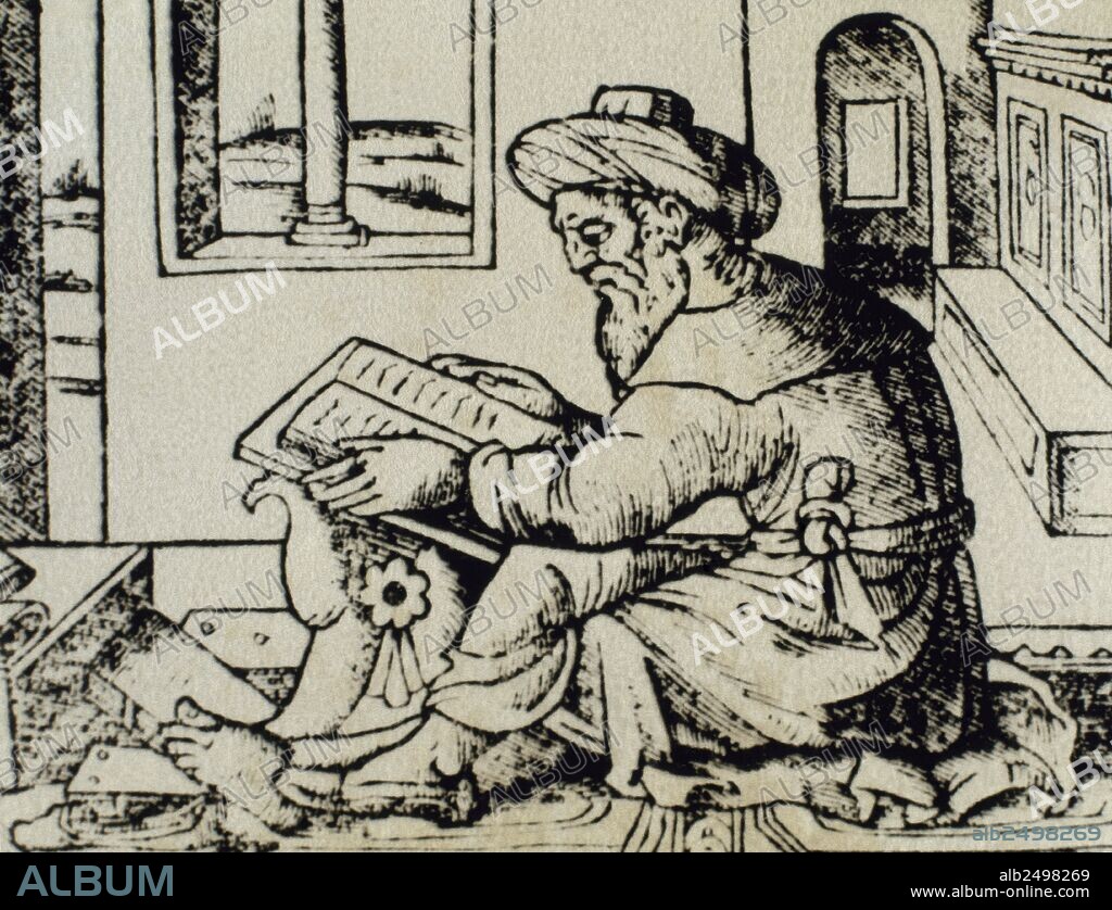 Averroes (1126-1198). Ibn Rushd. Medieval Andalusian Muslim polymath. Portrait. Averroes in his studio. Engraving at  "Colliget Venetis" (1530).