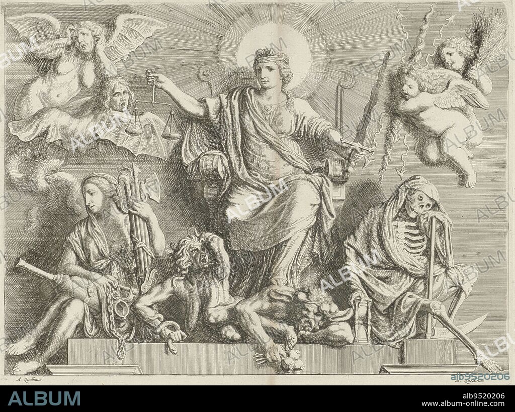 Sculpture group with allegory of Justice on the west side of the Civic Hall in the Stadhuis op de Dam, Hubert Quellinus, after Artus Quellinus (I), 1719 - 1783, Sculpture group with allegory of Justice on the west side of the Civic Hall in the Stadhuis op de Dam in Amsterdam, above the entrance to the Aldermen's Hall. On a throne in the center sits Justice, the personification of Justice, holding a sword in one hand and scales in the other. She tramples on King Midas, the personification of Greed, and Invidia, the personification of Envy and Envy: Justice triumphs over Greed and Envy/Favor. To the left of Justice the personification of Punishment with various instruments of punishment, including a knee crusher around her own knee. To the right of Justice Death with an empty hourglass and a scythe. Top left two harpies, top right two putti with lightning bolts and a robe. Numbered at lower right: XLII., print maker: Hubert Quellinus, (mentioned on object), Hubert Quellinus, Artus Quellinus (I), (mentioned on object), Amsterdam, 1665 and/or 1719 - 1783, paper, etching, engraving, h 336 mm × w 418 mm.