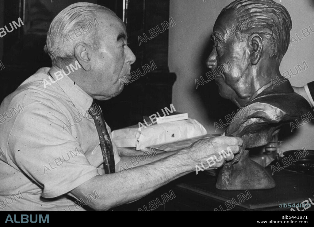 The Eyebrows Are 83 Today -- George Robey, the comedian who never grows old, is 83 years of age today, and ***** the occasion was a presentation of a bronze bust, the work of a ***** Mr. R. Singleton Ward, at his London flat. This was the comedian's reception of the bust when he saw for the first time his famous face (and eyebrows) in bronze. September 20, 1952.