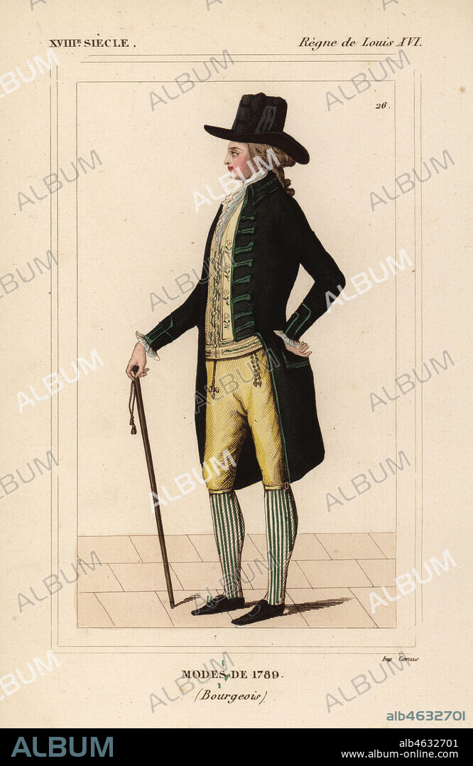 French men's fashions of 1789 (bourgeois) in imitation of the English style. Hair a la Panurge and hat a la Jackei. Handcoloured lithograph from Le Bibliophile Jacob aka Paul Lacroix's Costumes Historiques de la France (Historical Costumes of France), Administration de Librairie, Paris, 1852.
