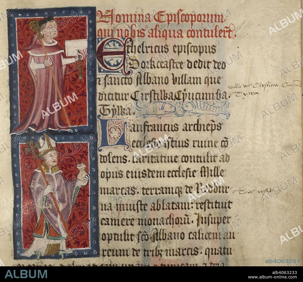 ALAN STRAYLER, THOMAS WALSINGHAM and WILLIAM DE WYLUM. Two priests. Liber benefactorum of St Albans Abbey (â€˜Golden Book of St Albansâ€™). 1380-Mid 16th century. Source: Cotton Nero D. VII f.86. Language: Latin.