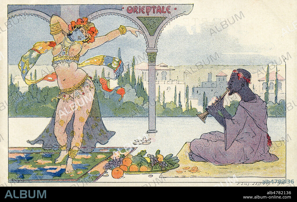 'Orientale' : femme faisant la danse du ventre au son d'une flute. Illustration par LESSIEUX (1848-1925) pour une carte postale vers 1900. Credit : Collection IM/KHARBINE-TAPABOR.