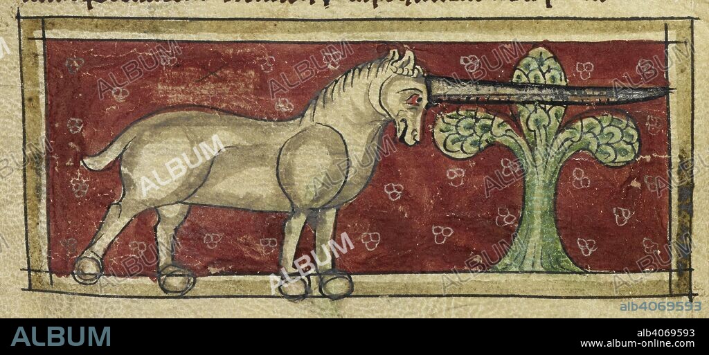 ANON. Miniature of a monoceros. Bestiary. England, 2nd or 3rd quarter of the 13th century. Source: Sloane 3544 f. 9v detail.