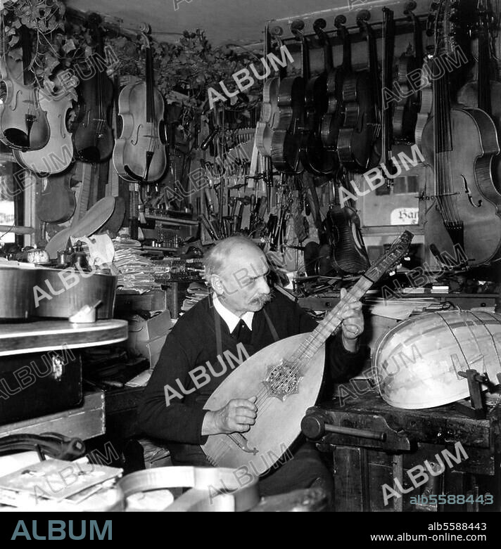 Handwerk und Gewerbe:. Geigenbauer. Der Geigen- und Lautenmacher Johann Reiter in seiner Werkstatt mit einer Laute (Deutschland / Mittenwald). Foto, 1950.