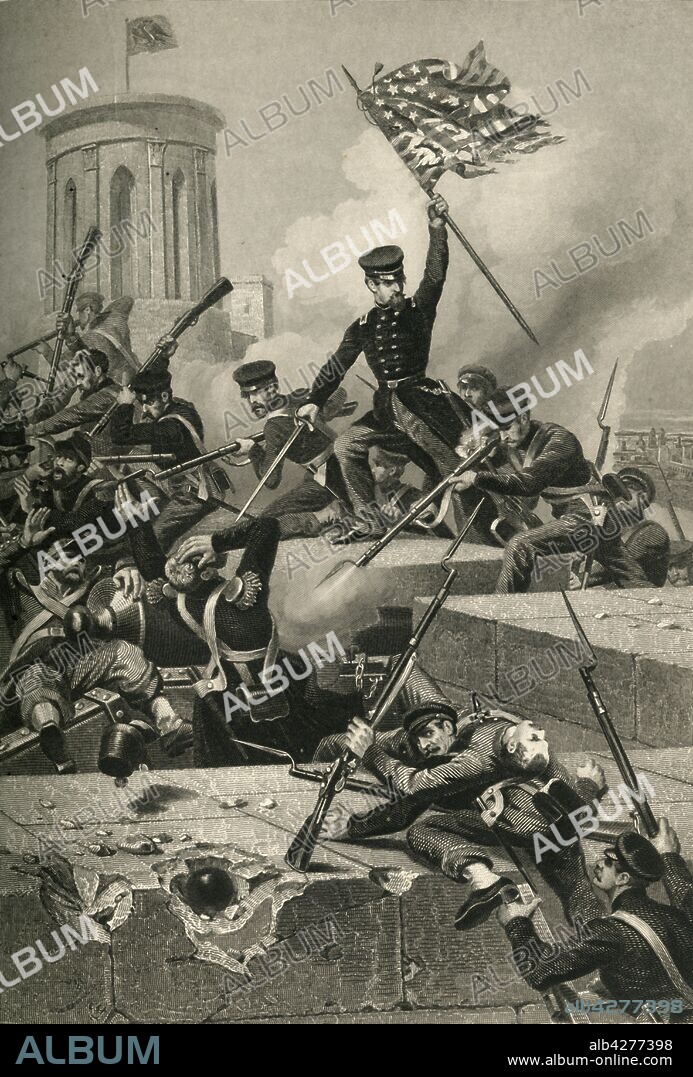 'Storming of Chapultepec', (1878). The Battle of Chapultepec in September 1847 was fought between the United States Marine Corps and US Army against Mexican forces holding Chapultepec Castle in Mexico City. The Americans took the castle in fierce fighting. From "Our Country: a Household History for All Readers, from the Discovery of America to the Present Time", Volume 3, by Benson J. Lossing. [Johnson & Miles, New York, 1878].