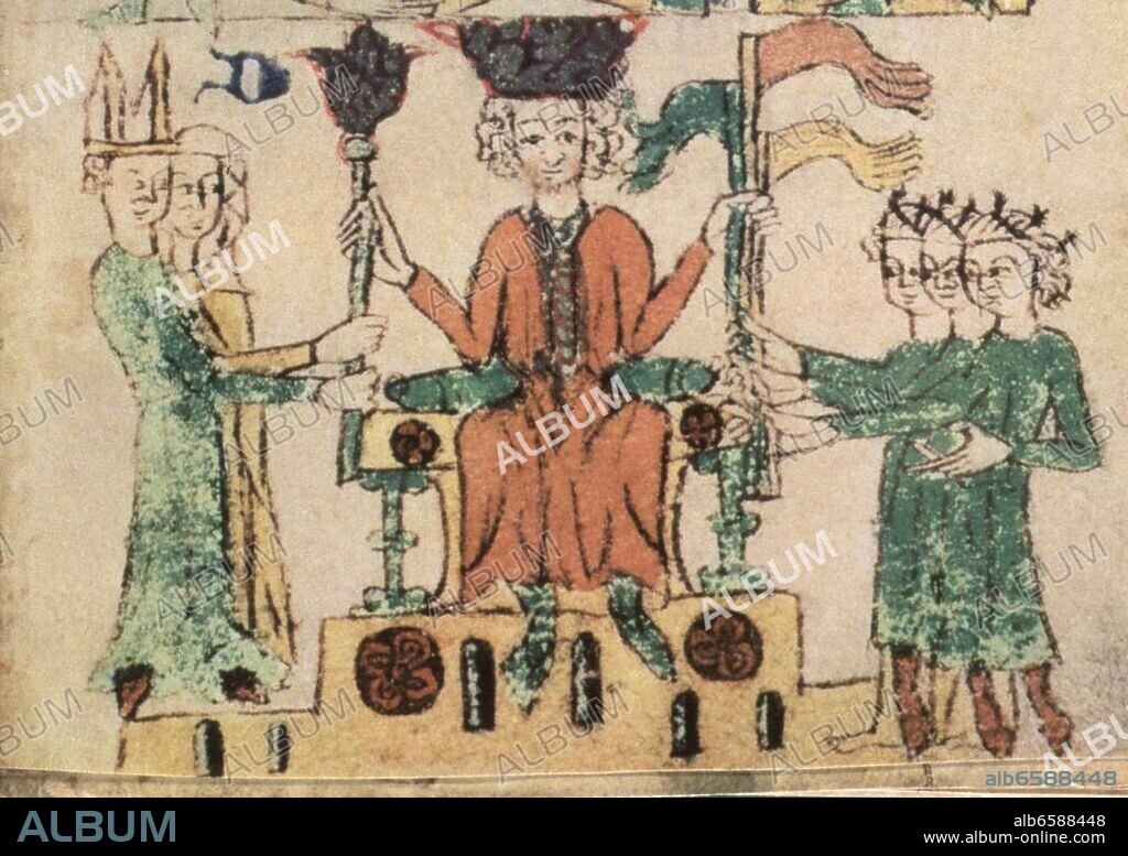 Buchmalerei, um 1300/1315. " Sachsenspiegel" (Heidelberger Hs.).-Ausschnitt: Der thronende König verleiht Bischofs-und Fahnlehen.-Pergament, 23,5 x 30 cm. Heidelberg, Universitätsbibliothek, Cod. Pal. Germ. 164 fol.21r.