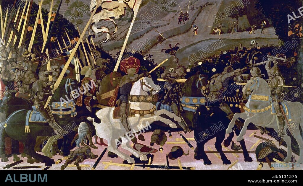 PAOLO DI DONO. 'Niccolò Mauruzi da Tolentino en la batalla de San Romano', hacia?1438?1440, 182 × 320 cm.