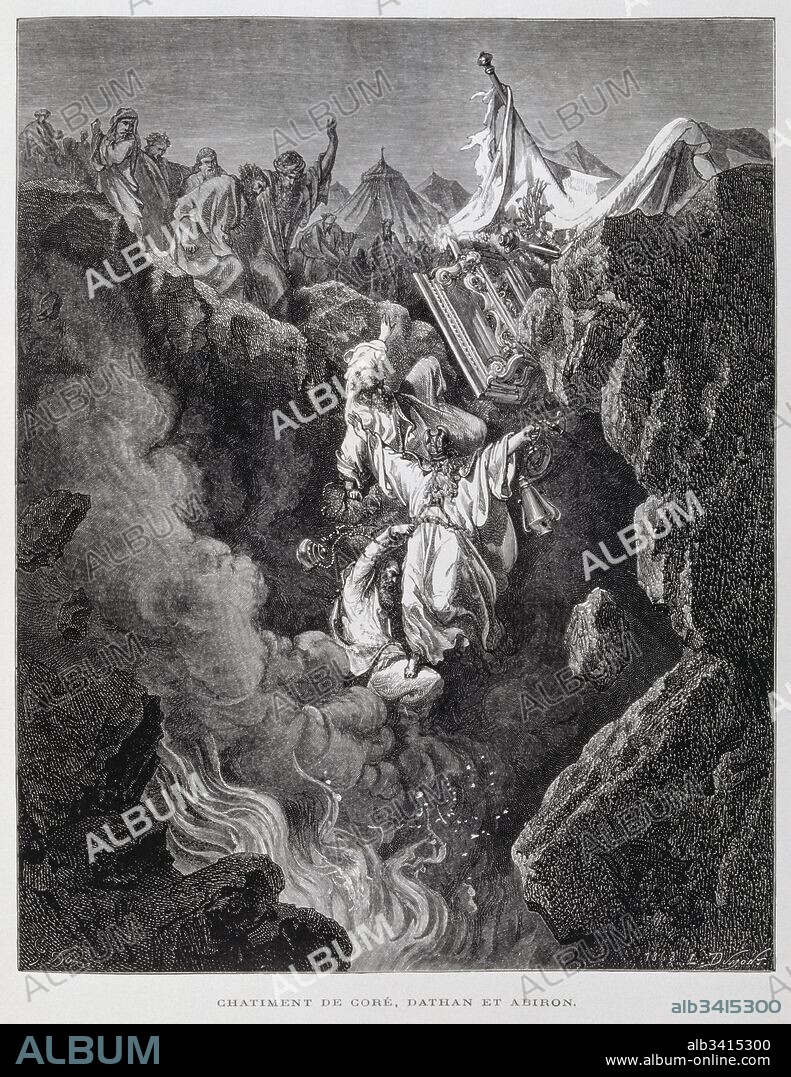 The Death of Korah, Dathan and Abiram, Illustration from the Dore Bible 1866. In 1866, the French artist and illustrator Gustave Dore (1832–1883), published a series of 241 wood engravings for a new deluxe edition of the 1843 French translation of the Vulgate Bible, popularly known as the Bible de Tours. This new edition was known as La Grande Bible de Tours and its illustrations were immensely successful. Dathan and his brother Abiram, rebelled against Moses and Aaron. The Book of Numbers relates that 'the earth opened her mouth, and swallowed them up, and their houses.' (Book of Numbers 16:31).