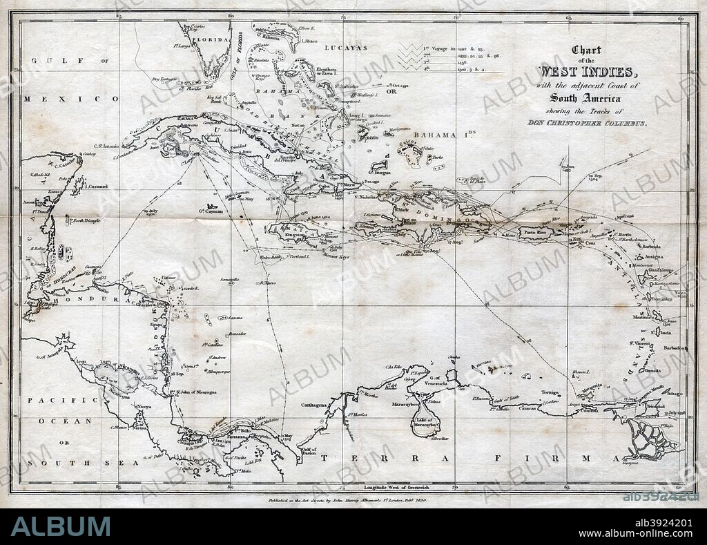 Chart of the West Indies, with the adjacent Coast of South America, 1830. Map of the Caribbean, showing the tracks of Christopher Columbus.