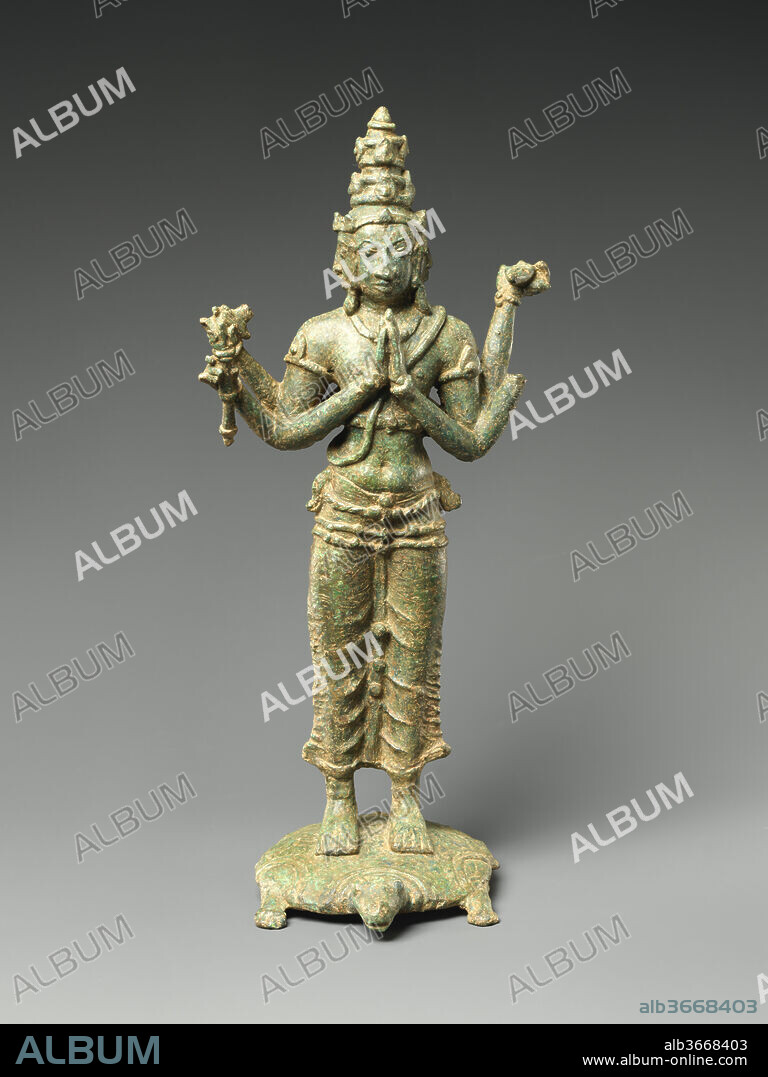 Brahma Standing on a Turtle Surrounded by the Four Lokapalas, Guardians of the Cardinal Directions. Culture: Sri Lanka. Dimensions: H. 12 1/2 in. (31.8 cm); W. 3 3/8 in. (8.6 cm); D. 5 1/4 in. (13.3 cm). Date: 9th century.
The lokapalas stand in each of the four cardinal directions as protectors of both the Buddhist dharma (teachings) and the religious community. Texts speak of monasteries being constructed on grids symbolically marked with these deities, leaving the specific ritual function of these sculptures an open question.
The deity Brahma is Lord of the Center.