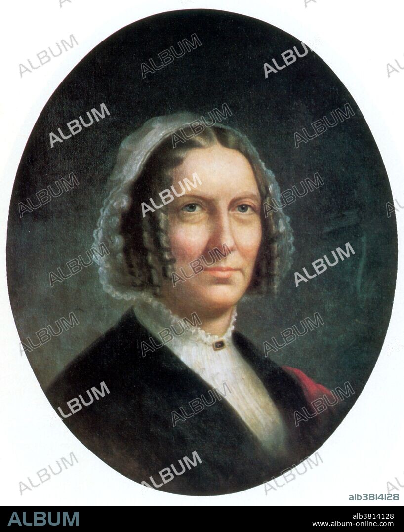 Abigail Powers Fillmore (March 13, 1798 - March 30, 1853), wife of President Millard Fillmore, was First Lady of the United States from 1850 to 1853. In 1819, she took a teaching post at the new academy in New Hope, where her oldest pupil was Millard Fillmore. The world of knowledge and his steady progress drew them together, and gradually the relationship of teacher and student evolved into romantic attachment. After a long courtship, Millard, aged 26, and Abigail, aged 27, were married in 1826. She continued to teach school until the birth of her first son and maintained a lifelong interest in education. In 1849, she came to Washington, D.C. as wife of the Vice President. 16 months later, after Zachary Taylor's death, the Fillmores moved into the White House. The social life of the Fillmore administration remained subdued. Pleading her delicate health, she entrusted many routine social duties to her daughter, Abby. At the outdoor inaugural ceremonies for Franklin Pierce in 1853, she caught a cold and the next day came down with a fever. She developed pneumonia and died just 26 days after leaving the White House, on March 30, 1853, at the age of 55, the shortest post-Presidential life of any former first lady. Artist unknown.