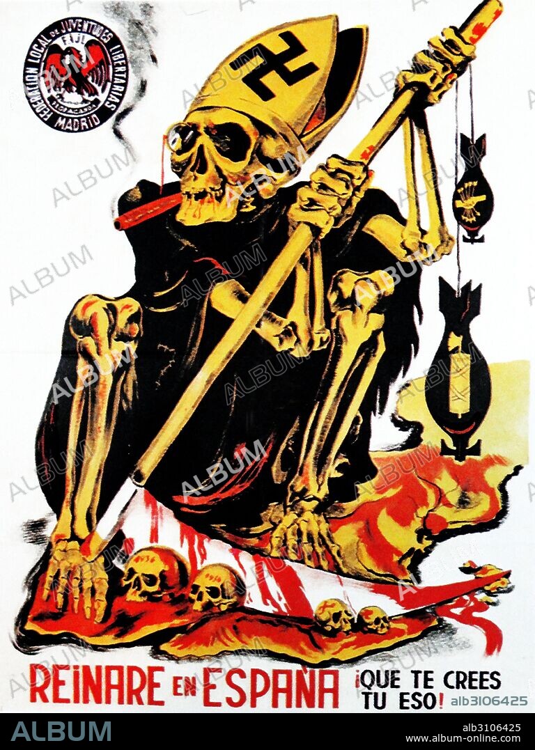 Anti Falangist propaganda poster in Spain, during the Spanish Civil War. Christianity (represented by the bishop's mitre) with Nazism (represented by the swastika) and fascism (represented by the fasces-bomb, and with blood-shed and death).