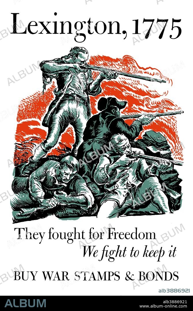 Digitally restored war propaganda poster. This vintage World War II poster features American Minutemen firing their rifles in battle. It declares - Lexington, 1775, They Fought For Freedom, We Fight To Keep It. Buy War Stamps & Bonds.