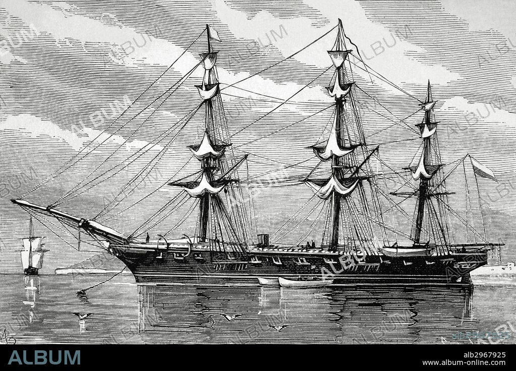 War of the Pacific (1879-1883). Western South America with Bolivia and Peru in front of Chile as a belligerants. Chilean corvette "Esmeralda" Engraving by Capuz. La Ilustracio_n Espan_ola y Americana, 1879.