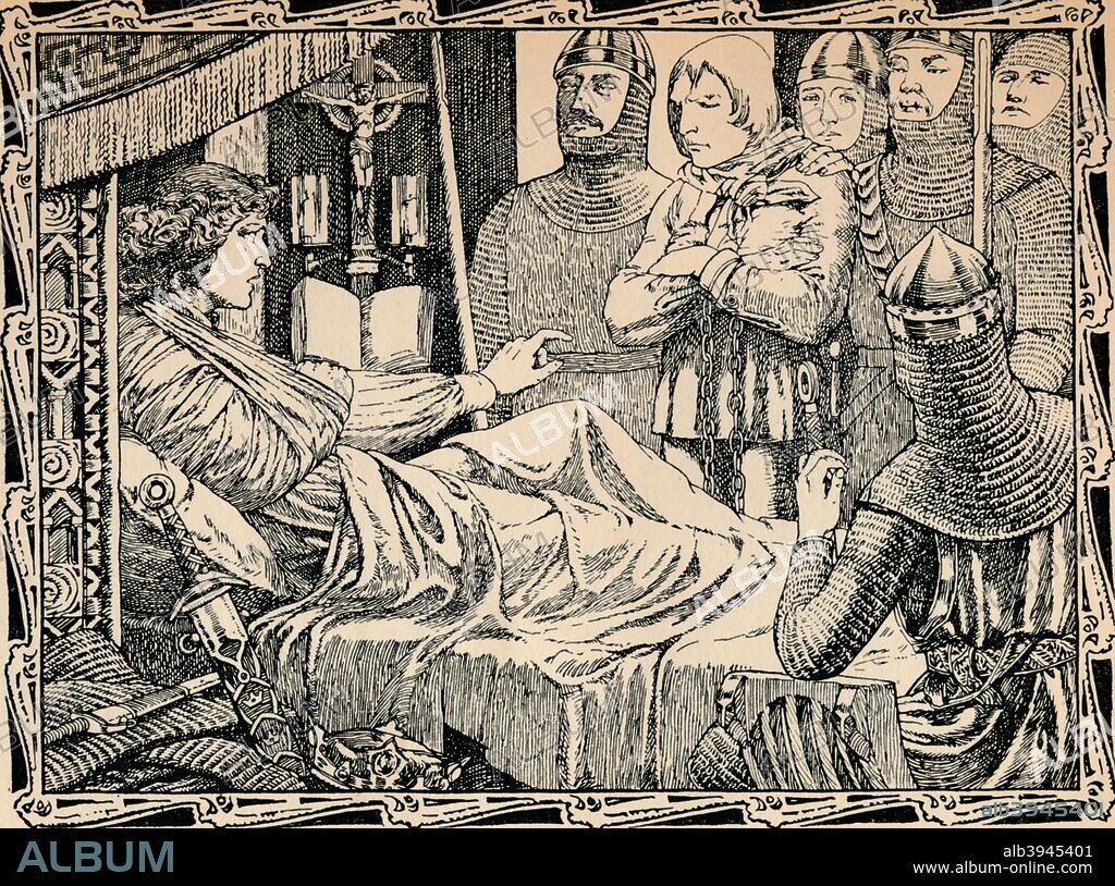 'Death of King Richard I, 1902. Richard I of England pardons the archer who shot him, 1199. Richard the Lionheart (1157-1199) was fatally wounded by a crossbow bolt while besieging the castle of Chalus-Chabrol in France. After a work by Patten Wilson (1869-1934). From A Child's History of England by Charles Dickens [J. M. Dent & Co., New York, 1902].