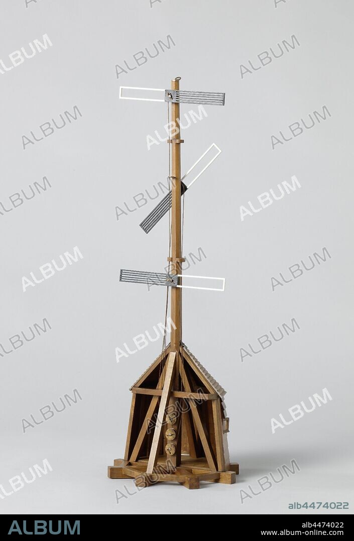 Model of an Optical Telegraph, Model of an optical telegraph on octagonal base. The telegraaf consists of a mast with three rotating arms, these consist of a trellis to keep their weight low, and are black on the one hand, white and cut-away on the other, which only serves as a counterweight, so that this end is practically invisible from a distance. Each arm has six positions. A half-octagonal hut with a pointed roof has been built on the base, which shows the inside and the operation of the signal mechanism., anonymous, 1800 and/or c. 1806, wood (plant material), iron (metal), glass, rope, h 53.5 cm × w 18 cm × d 18 cm.