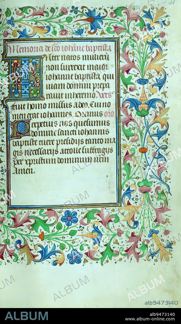 Book of Hours, Initial, Made for use in the diocese of Cambrai ca. 1450-60, this Book of Hours is extraordinary for its lavish illumination. It was likely produced by several artists within the circle of Willlem Vrelant, and the wealth of texts and images recall the richness of manuscripts by Vrelant from the same era, such as the Hours of Isabel la Católica (Biblioteca del Palacio Real, Madrid, Arm. Inf. 61) completed in Bruges ca. 1455.