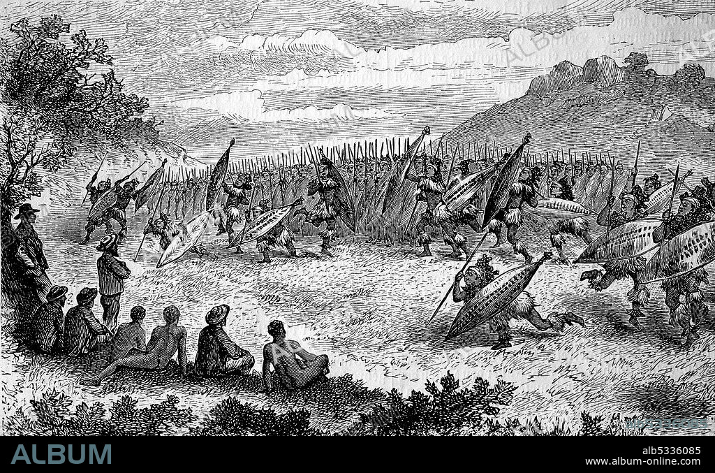 Africa, war dance in the Matabele tribe, AmaNdebele, Ndebele, Zimbabwe, in Southeast Africa, 1880  /  Afrika, Kriegstanz im Stamm der Matabele, AmaNdebele, Ndebele, Simbabwe, in Südostafrika, 1880, Historisch, historical, digital improved reproduction of an original from the 19th century / digitale Reproduktion einer Originalvorlage aus dem 19. Jahrhunder.