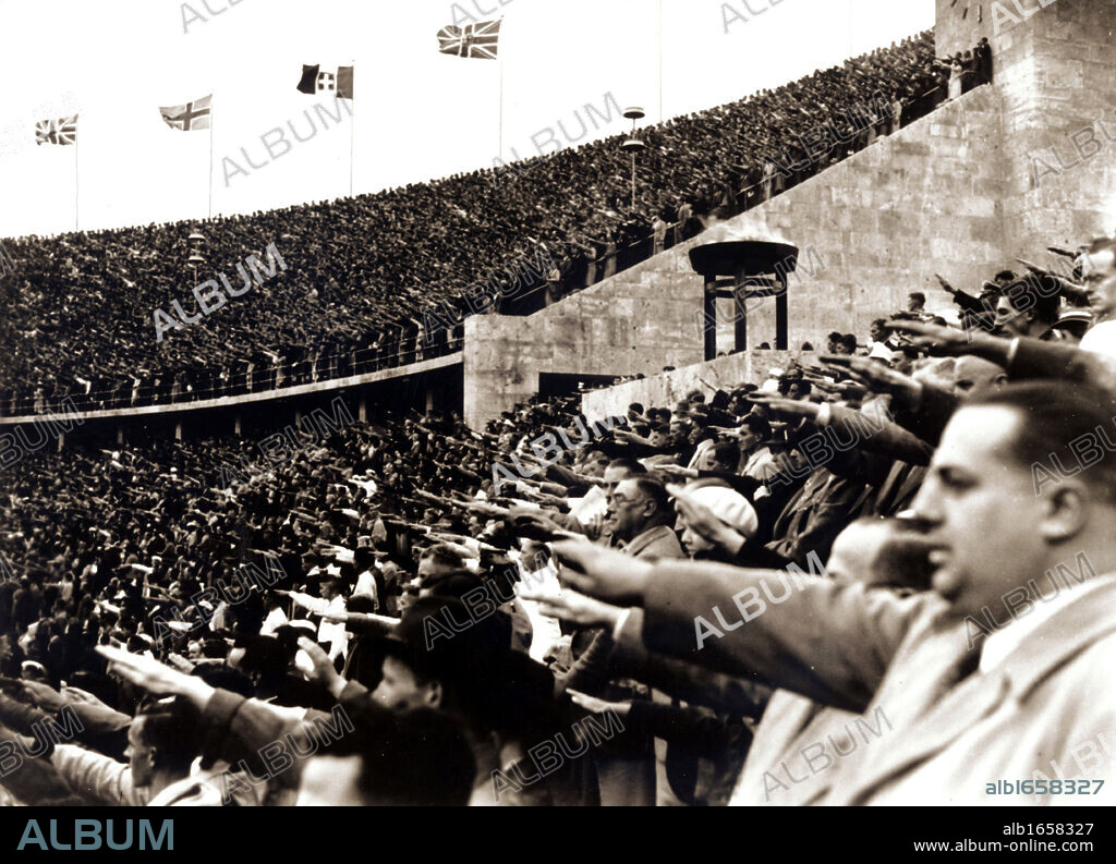 Crowd gives the Nazi salute during the 1936 Berlin Olympic Games.