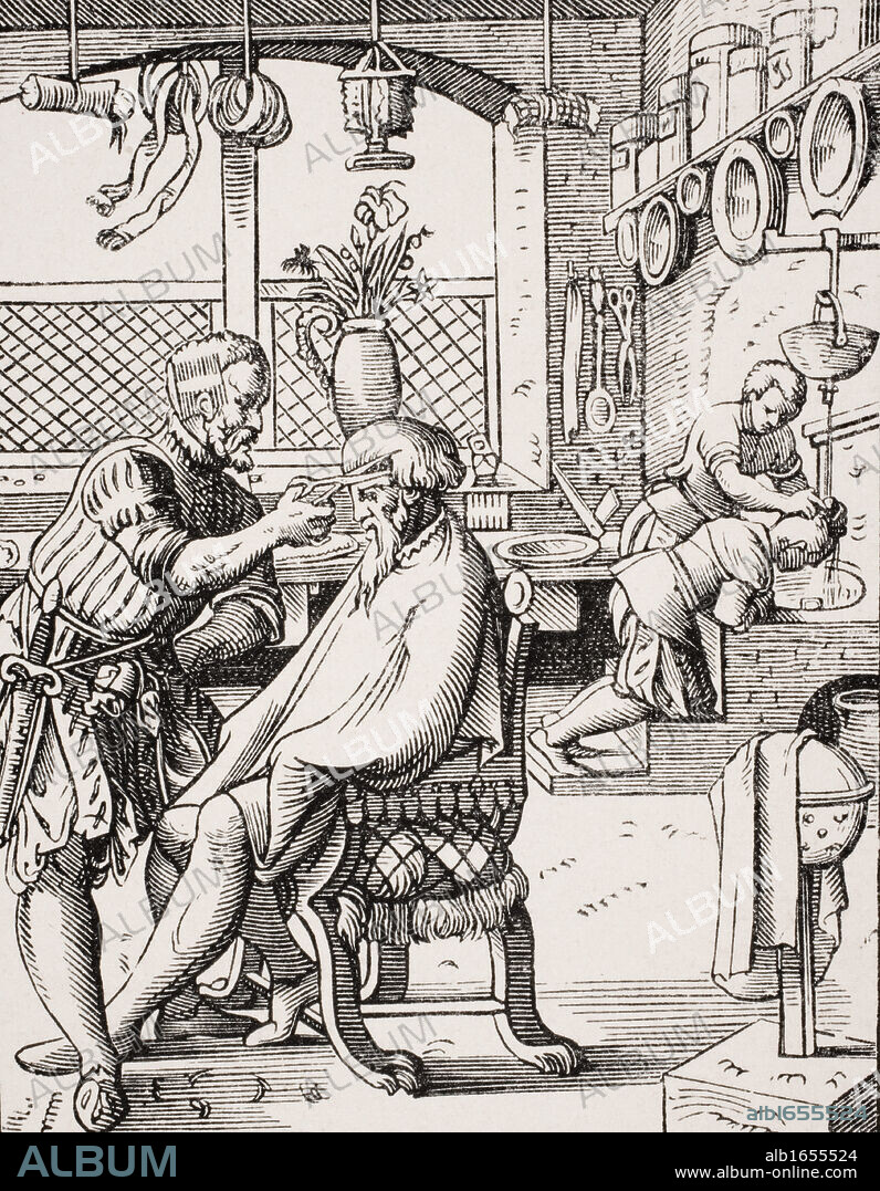 Barber. 19th century reproduction of 16th century woodcut by Jost Amman.