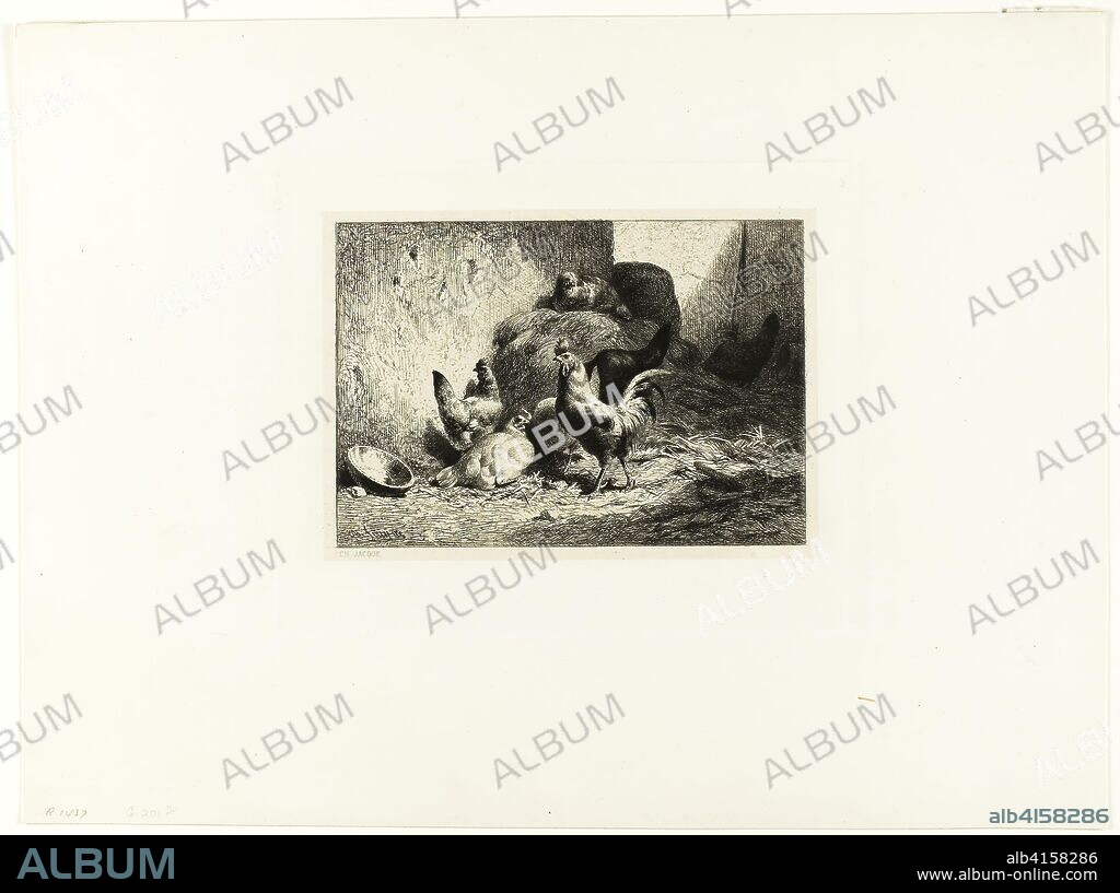 Rooster and Hens. Charles Émile Jacque; French, 1813-1894. Date: 1859-1869. Dimensions: 120 × 172 mm (image); 129 × 182 mm (chine); 172 × 215 mm (plate); 300 × 399 mm (sheet). Etching, drypoint and roulette on cream China paper laid down on ivory wove paper. Origin: France.