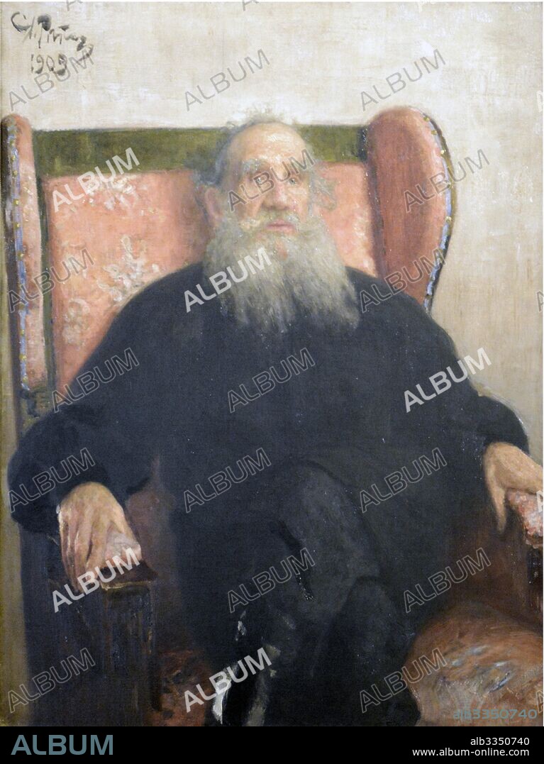 ILYA YEFIMOVICH REPIN. Portrait of the author Leo N. Tolstoy (1828-1910) in the Pink Armchair.