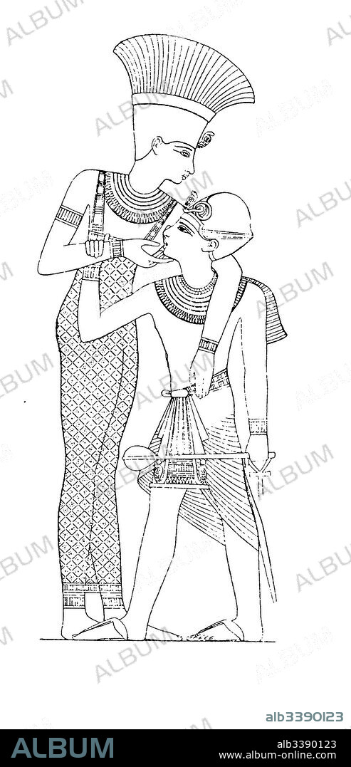 Anukis, Any, Anket, Anket, also Anuket is a goddess from Sudan who was also venerated in Ancient Egypt, here with Pharaoh Ramses II, 19th Dynasty, Egypt, History of fashion, costume story.