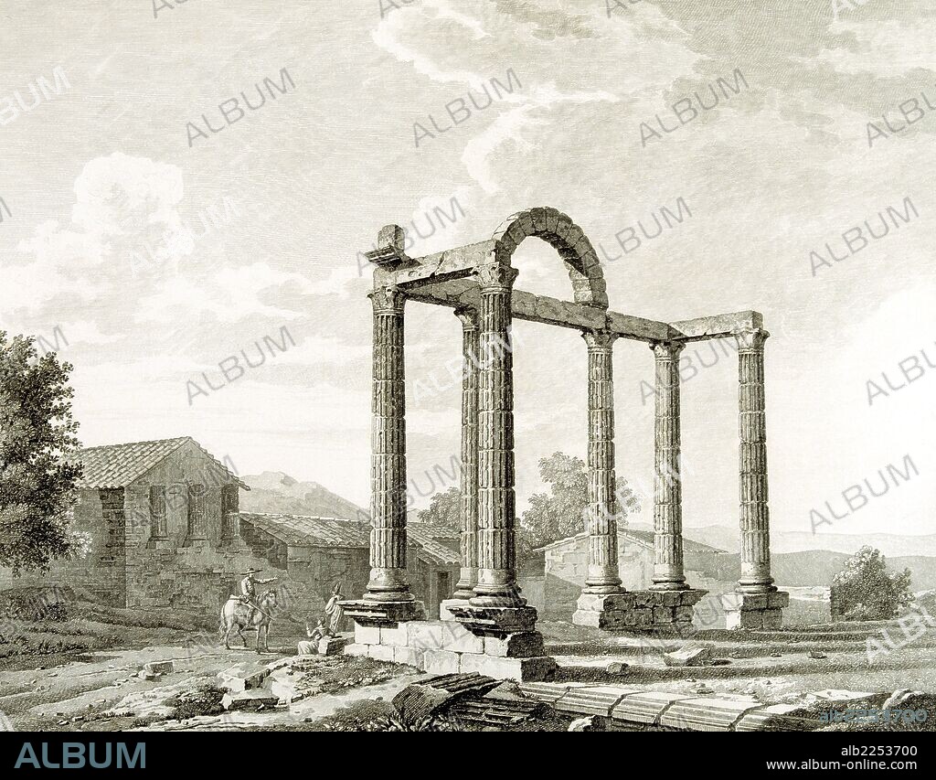 CACERES. TALAVERA LA VIEJA. BOHONAL DE IBOR. RESTOS DE UN ANTIGUO TEMPLO ROMANO EN TALAVERA LA VIEJA. DIBUJO DE DUTAILLY. ARTE ROMANO.