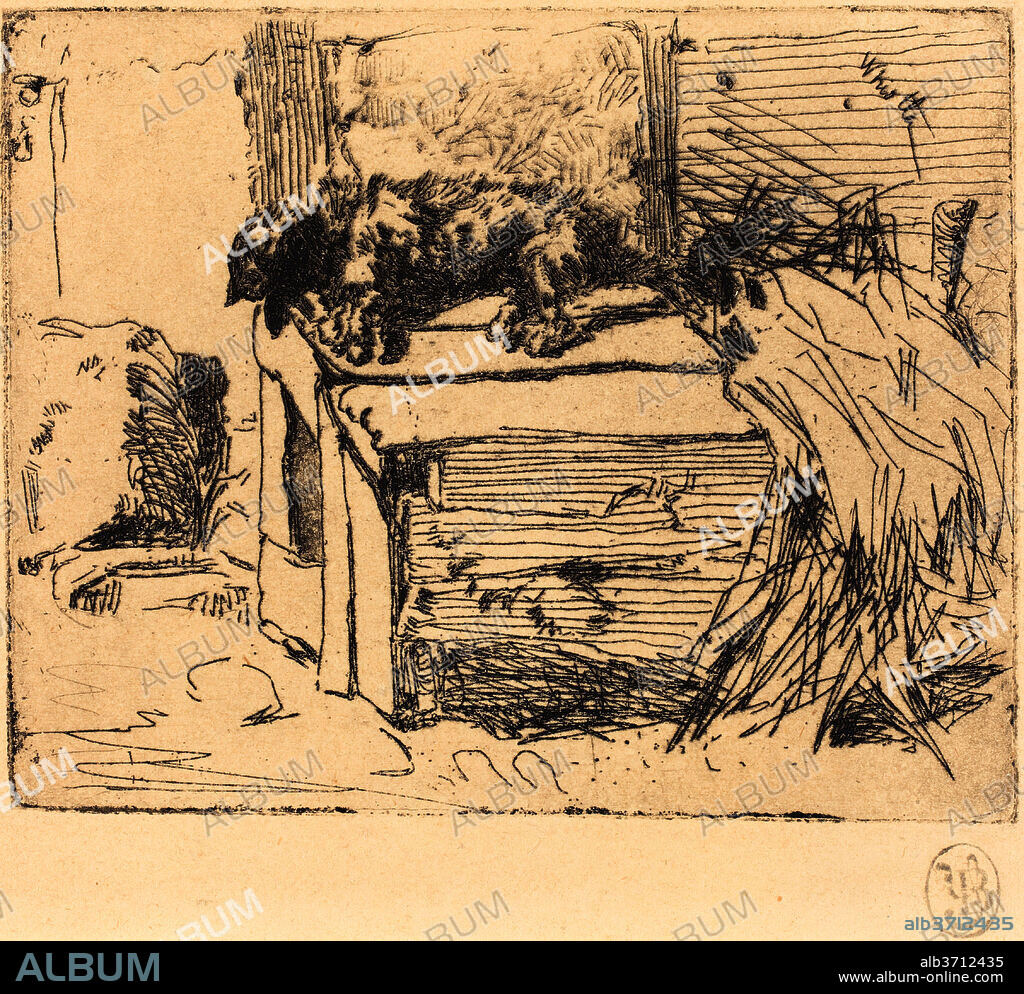 JAMES ABBOTT MCNEILL WHISTLER. The Dog on the Kennel. Dimensions: plate: 7 x 8.9 cm (2 3/4 x 3 1/2 in.)  sheet: 24.8 x 31.3 cm (9 3/4 x 12 5/16 in.). Medium: etching in black on wove paper.