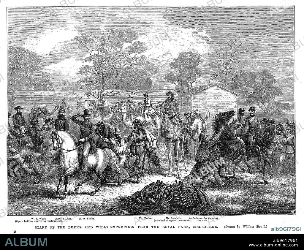 Burke and Wills expedition setting out from Royal Park, Melbourne, Australia, 20 August 1860. Robert O'Hara Burke and William John Wills were commissioned by the Government of Australia to make the first crossing of Australia, the interior of which was largely unknown. Although they and two companions, Charles Gray and John King, reached the Gulf of Carpentaria on the north coast, a combination of bad luck and Burke's poor leadership left them with insufficient food for the return journey. Gray died of dysentery and Burke and Wills perished from starvation. Only King survived, after being given food and shelter by a tribe of Aborigines. He was found by a search party on 18 September 1861.