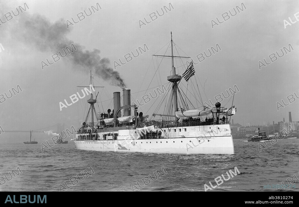 NYC, USS Maine Sails East River, 1890s