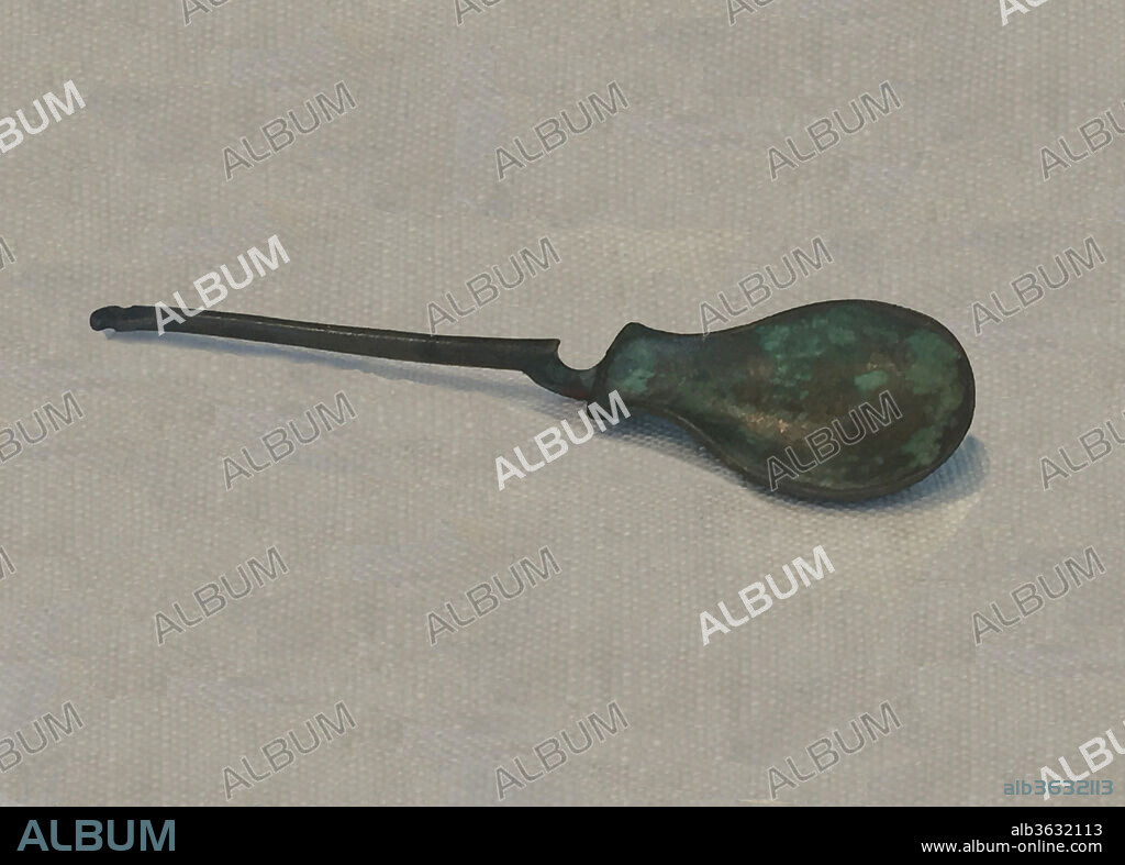 Brass spoon. Culture: Roman. Dimensions: 4 7/16in. (11.2cm).
From the Tivoli hoard, comprising thirty pieces in all, includes two decorated skyphoi (wine cups), a ladle, a trulla (spouted pitcher), and several spoons.