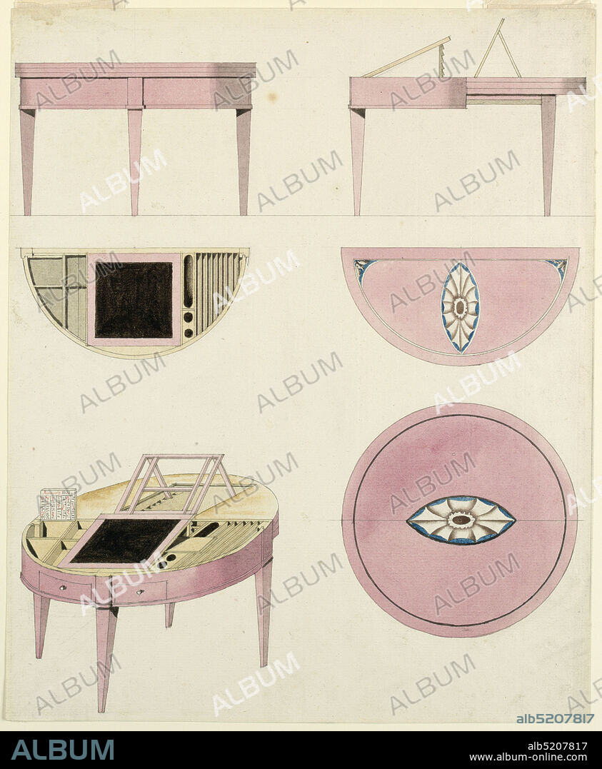 Design for Mechanical Furniture: Tables, Pen and gray ink, brush and watercolor on paper, A half-round table fitted with hinged top, under which are fittings for a writing table; plans, elevations and isometric. An almanac on desk dated 1805., Germany, ca. 1805, furniture, Drawing, Drawing.