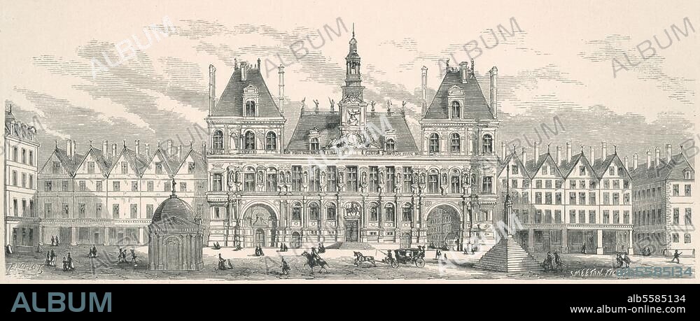 Paris (Frankreich), Hôtel de Ville (1533 begonnen; Arch.: Boccadoro). "Façade de l'Hôtel de Ville, sous Louis XIII.". (Zustand unter Ludwig XIII., 1610-43) ). Holzstich nach Zeichnung von F.Hoffbauer. Aus: F.Hoffbauer, Paris à travers les ages (..), Bd. 1, 2. Aufl. Paris (Firmin-Didot et Cie.) 1885, Histoire de l'Hôtel de Ville, S. 26. Berlin, Sammlung Archiv für Kunst und Geschichte.