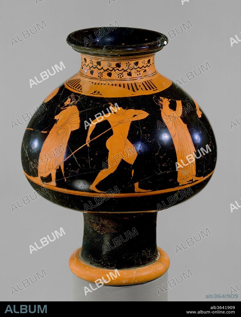 Terracotta psykter (vase for cooling wine). Culture: Greek, Attic. Dimensions: Overall: 13 5/8 x 11in. (34.6 x 28cm). Date: ca. 520-510 B.C..
Athletes practicing in gymnasium
The name of each figure is inscribed: the flute player, Smikythos; the diskos thrower, Antiphanes, and his trainer, Antimenes; the broad jumper, Dorotheos ("he is going to jump"); the javelin thrower, Batrrachos; Kleainethos, the judge crowning the boy fair Epainetos, and his trainer, Alketes.  Two inscriptions refer to the vase itself: "drink me" and "I open my mouth wide.".