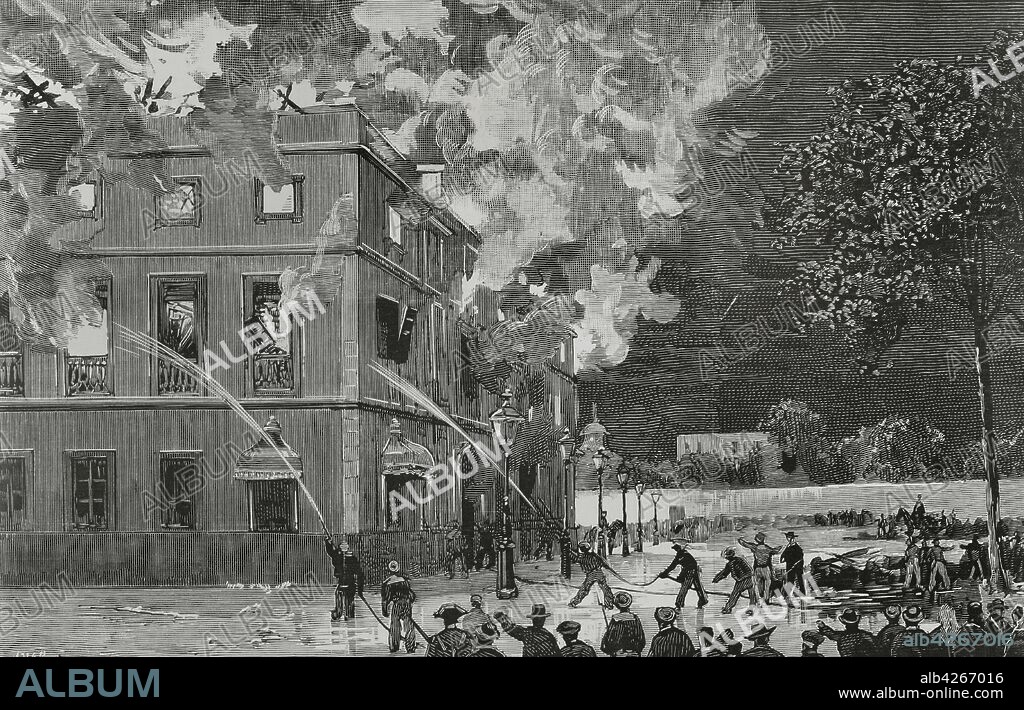 España, Andalucia, Cádiz. Incendio del"Gran Teatro", en la madrugada del dia 6 del actual. Grabado por Bernardo Rico y Ortega (1825-1894). La Ilustración Española y Americana,15 de agosto de 1881.