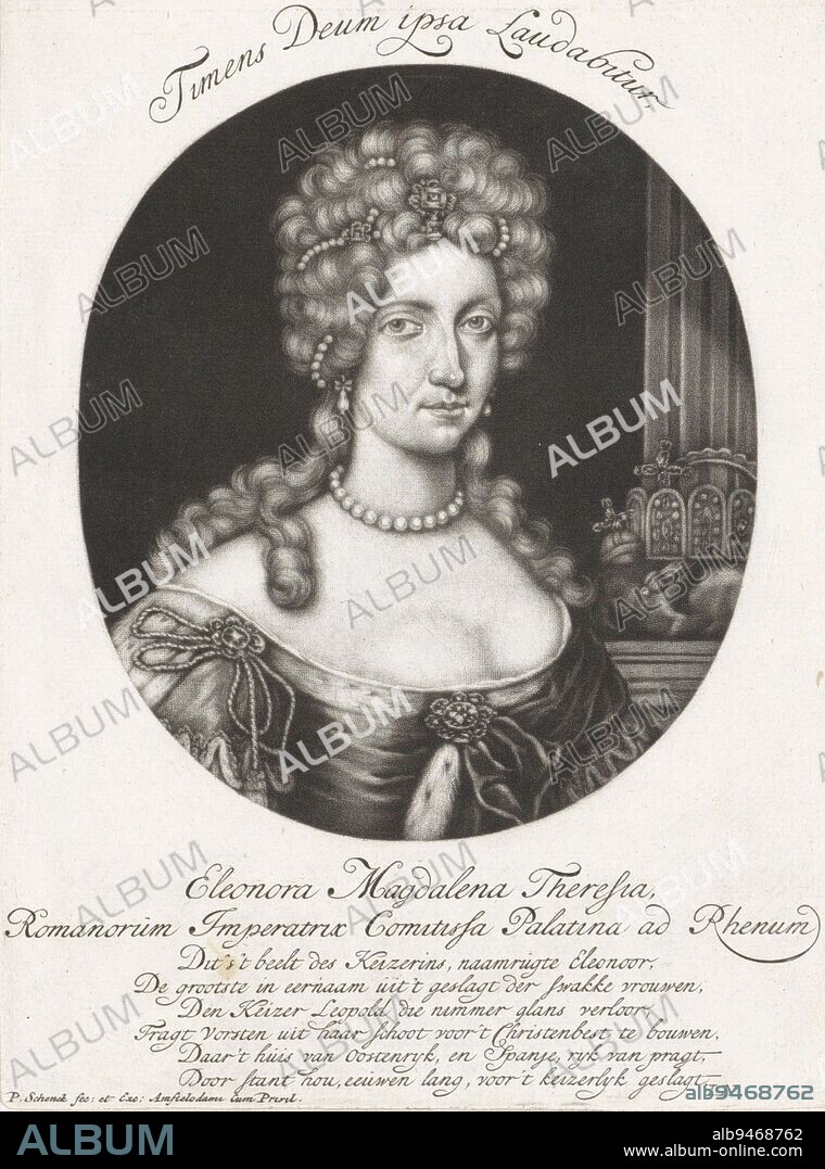 Eleonore Magdalene Therese of Palatinate-Neuburg, Empress of the Holy Roman Empire She wears strings of pearls in her hair Beside her the crown, Portrait of Eleonore Magdalene Therese Portraits of sovereigns and their family crests Leopoldo I Magno SRI Imperatori Semper Augusto on object, print maker: Pieter Schenk (I), (mentioned on object), Jan Norel, (mentioned on object), publisher: Pieter Schenk (I), (mentioned on object), Amsterdam, 1690 - 1713, paper, engraving, h 185 mm × w 138 mm.