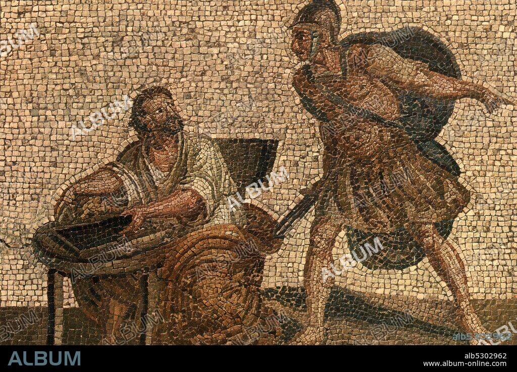 A mosaic originally believed to date from ancient times, but now thought to be an 18th century copy or falsification.  Shown is the Death of Archimedes.  Archimedes of Syracuse (c.?287 – c.?212 BC) was a Greek mathematician, physicist, engineer, inventor, and astronomer. Although few details of his life are known, he is regarded as one of the leading scientists in classical antiquity. Generally considered the greatest mathematician of antiquity and one of the greatest of all time.