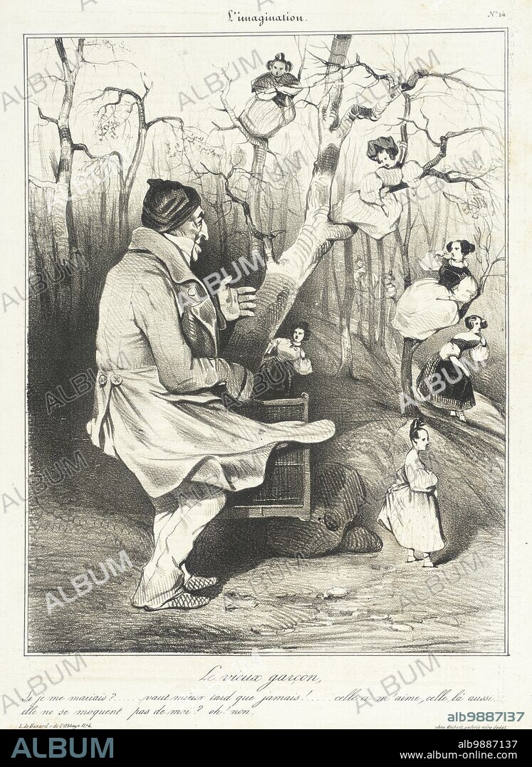 HONORÉ DAUMIER. Le vieux garçon, 1833. The old boy. 'Si je me mariais?...vaut mieux tard que jamais!...celle ci m'aime, celle là aussi...elle ne se moquent pas de moi? oh! non'. Elderly man: 'Me get married?...better late than never!...this one loves me, that one too...are they making fun of me? oh! no'. Series: L'Imagination; Periodical: Le Charivari, 19 October 1833.