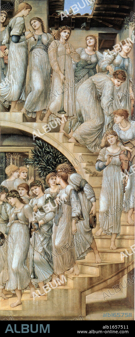 Sir Edward Coley Burne-Jones, 1833 - 1898, British artist . The Golden Stairs, 1876-1880, Oil on canvas, 109x46 in, 269.s x 116.8 cm, signed and dated EBJ 1880, The Tate Gallery, London.