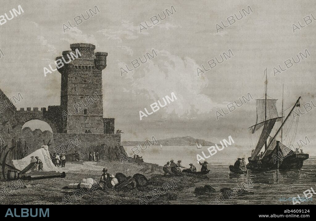 Rodas (actualmente Grecia) durante la dominación otomana. Grabado por Lemaitre, J. Arnout y S. Cholet. Historia de Turquía, por Joseph Marie Jouannin (1783-1844) y Jules Van Gaver. Panorama Universal, edición española de 1840.