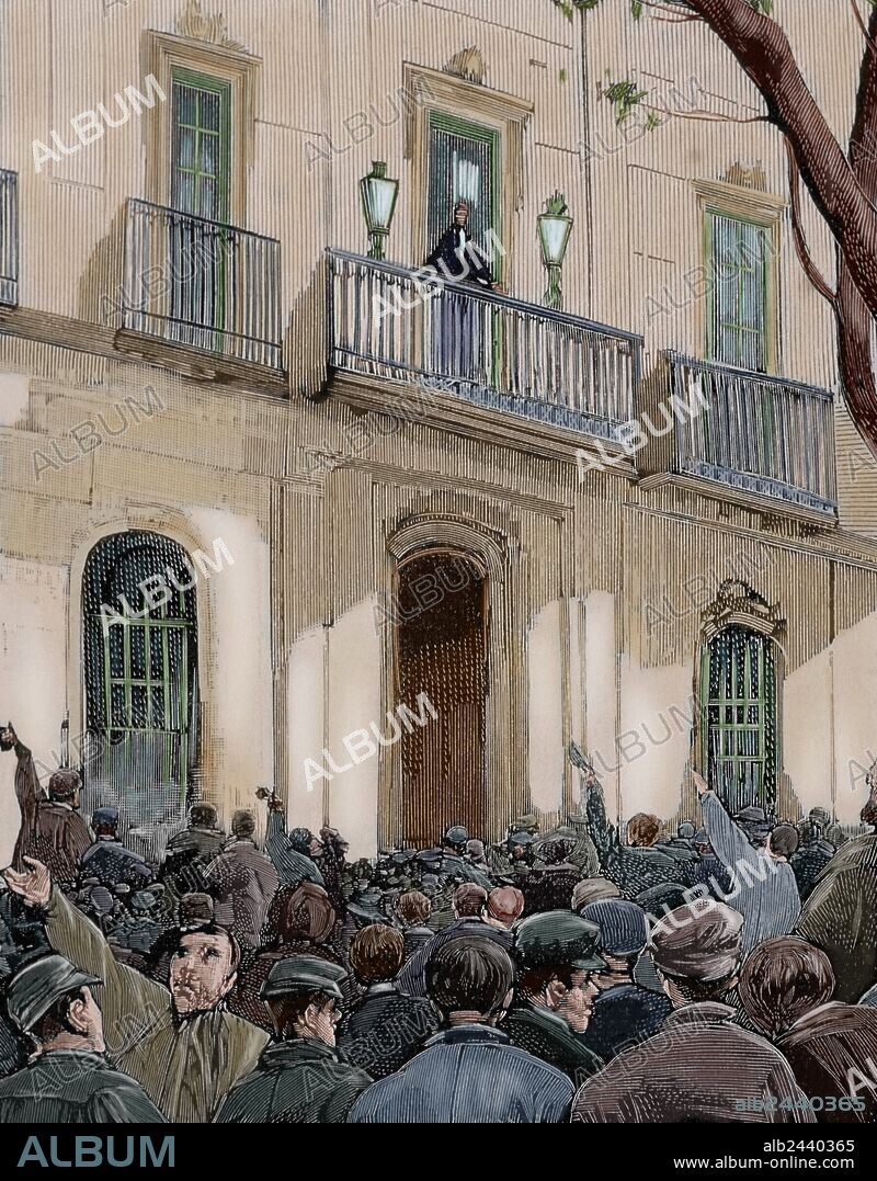 Spain. Barcelona. Working demonstration. The Civil Governor waving to protesters from the balcony of the Palace. Engraving by Rico. The Spanish and American Illustration, 1890. Colored.