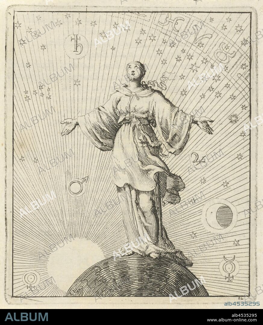 Woman standing on a globe surrounded by the sun, moon, stars and planets The Hidden Well, Treckt our mind, globe, stars in the firmament, Jan Luyken (mentioned on object), Amsterdam, 1687, paper, letterpress printing, h 92 mm × w 79 mm.