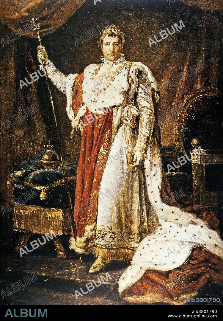 Napoleon I in his coronation robes, painting by Francois Gerard and dates from around the time of Napoleon's coronation in 1804. Napoleon Bonaparte (1769-1821) was a French military and political leader during the latter stages of the French Revolution. As Napoleon I, he was Emperor of the French from 1804 to 1815. His legal reform, the Napoleonic Code, has been a major influence on many civil law jurisdictions worldwide, but he is best remembered for his role in the wars led against France (Napoleonic Wars). He established hegemony over most of continental Europe and sought to spread the ideals of the French Revolution, while consolidating an imperial monarchy. Due to his success in these wars, often against larger forces, he is regarded as one of the greatest military commanders of all time. The Peninsular War and 1812 French invasion of Russia marked turning points in Napoleon's fortunes. In 1813 Napoleon was forced to abdicate and exiled to the island of Elba. He escaped a year later and returned to power, but was defeated at the Battle of Waterloo in 1815. Napoleon was confined by the British on the island of Saint Helena and died there in 1821. An autopsy concluded he died of stomach cancer, but some scholars have held that he was a victim of arsenic poisoning.