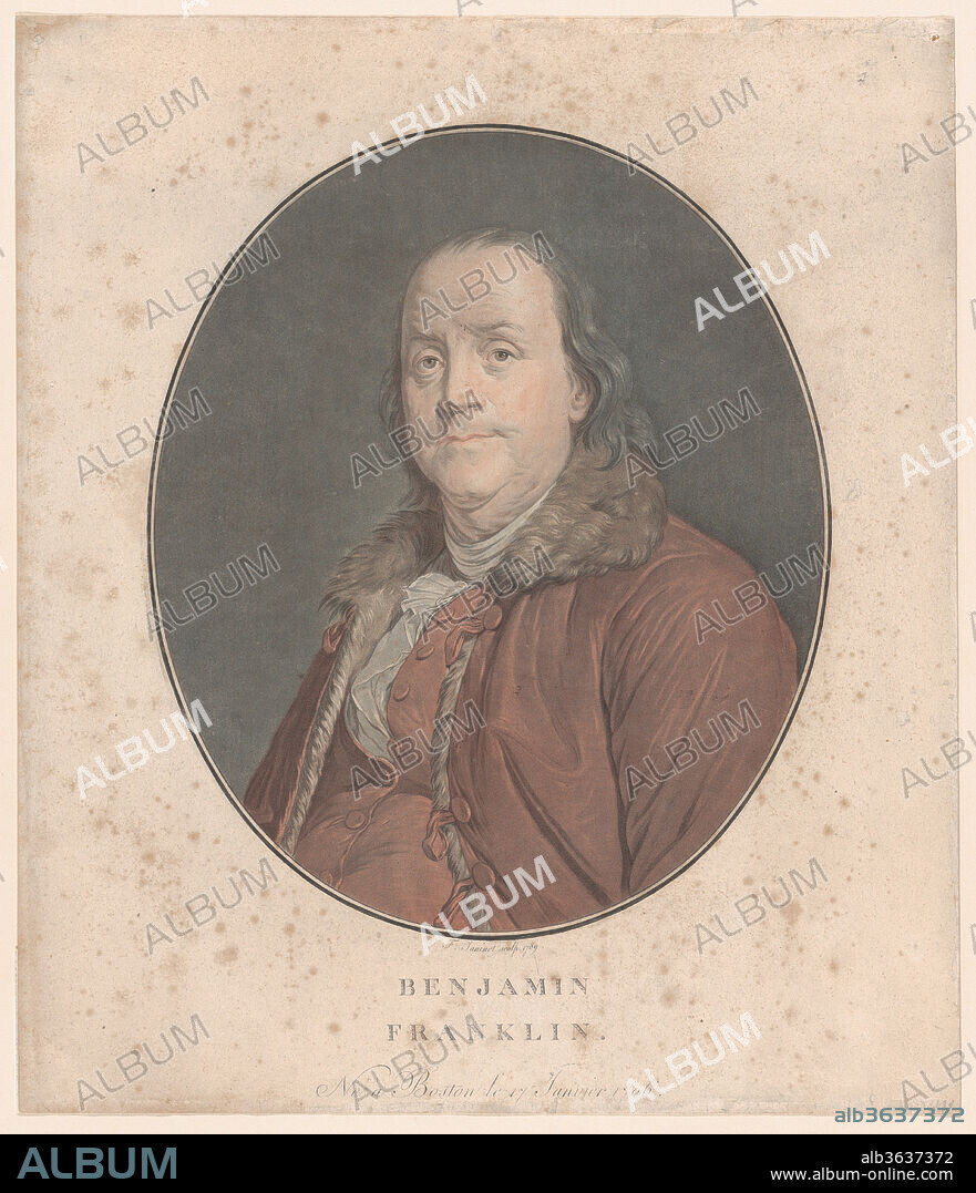 Benjamin Franklin. Artist: After Joseph Siffred Duplessis (French, Carpentras 1725-1802 Versailles). Dimensions: Sheet (trimmed within plate): 13 1/16 × 11 3/16 in. (33.2 × 28.4 cm). Engraver: Jean François Janinet (French, Paris 1752-1814 Paris). Sitter: Benjamin Franklin (American, 1706-1790). Date: 1789.