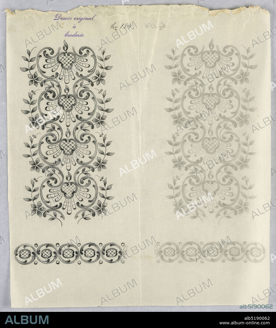 Designs for embroidery, Black crayon on tracing paper., Vertical rectangle. Designs of abstract floral patterns for panels and borders. Each drawing stamped at top: 'Sessin original a broderie.' Designs numbered 154 (D), France, ca. 1890, Drawing, Drawing.