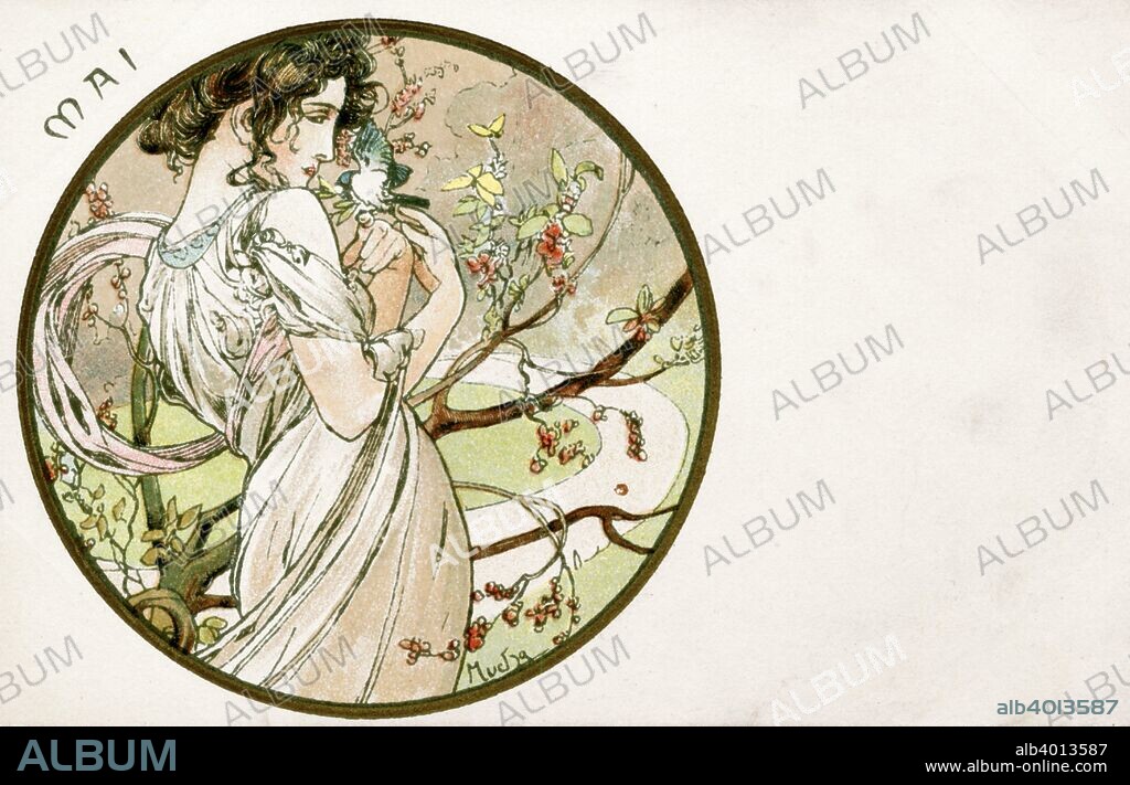 ALPHONSE MUCHA. 'May', 1900. A woman in a white dress holding a bird.