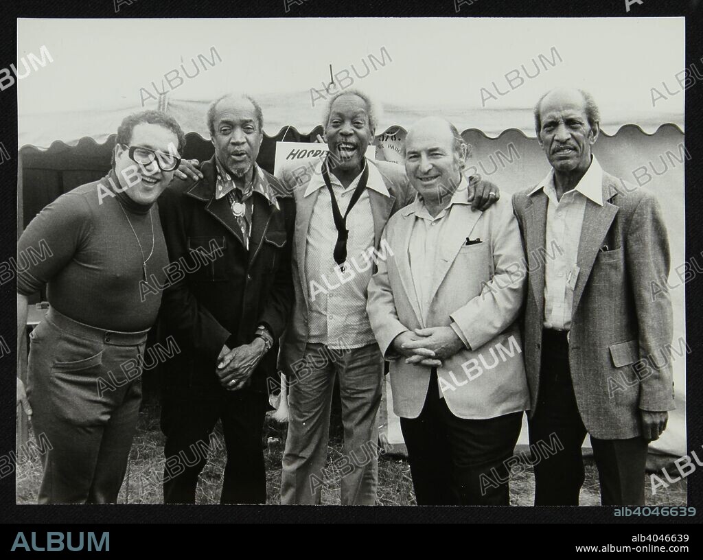 Duffy Jackson, Slam Stewart, Sonny Stitt, George Wein and an unidentified musician, Capital Radio Jazz Festival, Alexandra Palace, London, July 1979.