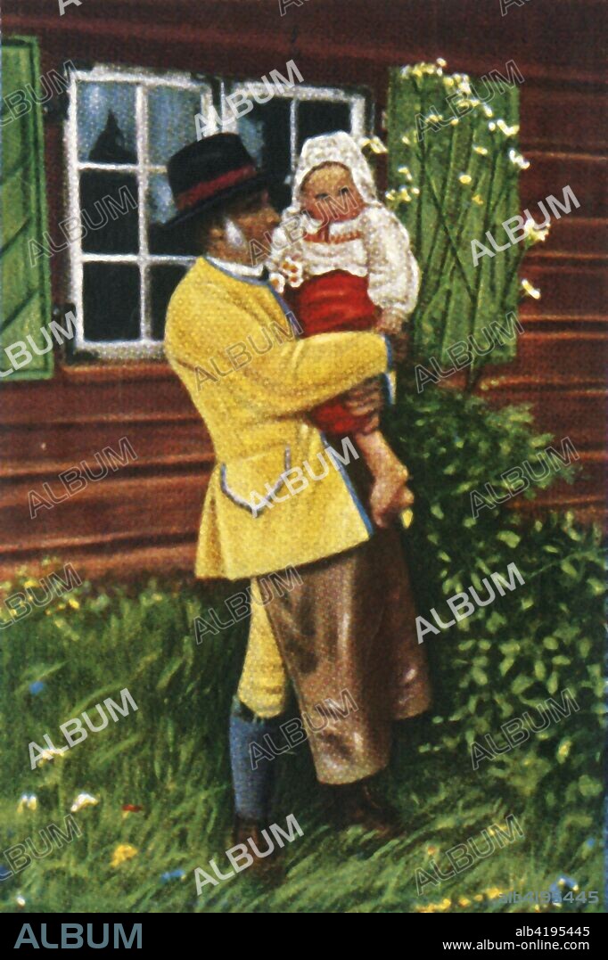 Swedish people in traditional costume, c1928. Man with leather apron and yellow suit, holding his grandchild. From "Die Welt in Bildern", (The World in Pictures), cigarette card album, c1928. [Georg A Jasmatzi, A.-G., Dresden, Germany].