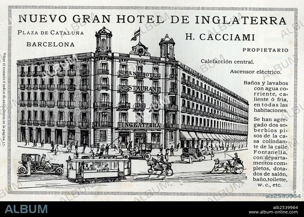 Publicidad. Nuevo Gran Hotel de Inglaterra en la Plaza de Catalunya (Barcelona). Año 1913.